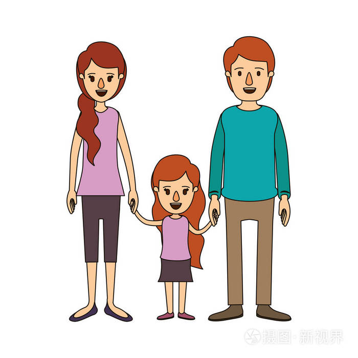 年轻的爸爸和妈妈与小女孩采取手侧马尾辫头发颜色图像漫画家庭