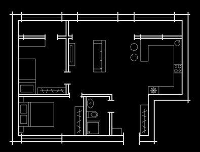 计划草图两卧室公寓黑色背景