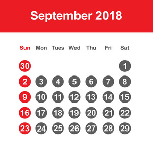 2018 年 9 月的日历