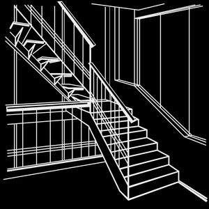 线性建筑素描室内楼梯上黑色背景