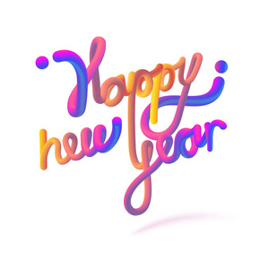 股票矢量插图新年快乐字体与字母。光泽橙色油漆字母。3 d 样式渲染气泡字体与闪烁。在白色背景下孤立的新年快乐。Eps10