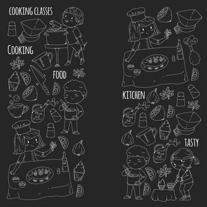 烹调类横幅, 课程为小幼稚园孩子。厨具, 厨房用品, 器皿。带有涂鸦图标的矢量图案