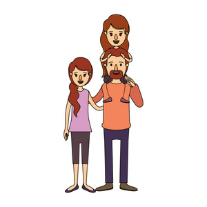 彩色图像漫画家庭与母亲和父亲与小胡子和他背上的女孩