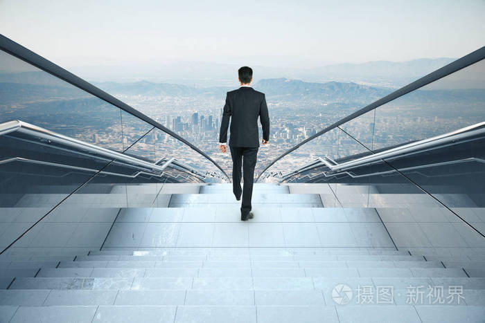 年轻的商人的混凝土楼梯上的背影.城市的背景.研究的概念.3d 渲染