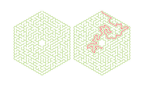 六角迷宫与解决方案。彩色六角迷宫。一个有用的益智游戏为儿童和成人