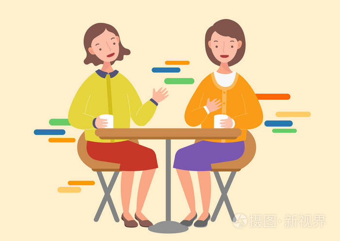 两个女人聊天,在一家咖啡馆喝咖啡插画-正版商用图片0q2v7w-摄图新