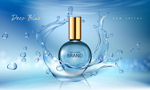 在一个玻璃瓶与水花蓝底白字的写实风格香水的矢量图