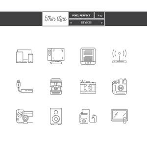 设备对象和工具元素的细线图标集。 装置