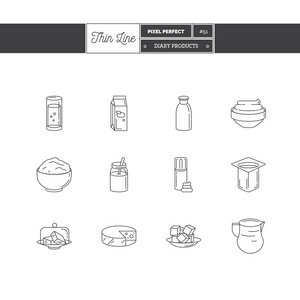 瘦线图标集奶场新鲜产品的图标。细线艺术图标。在白色上隔离的平面样式插图