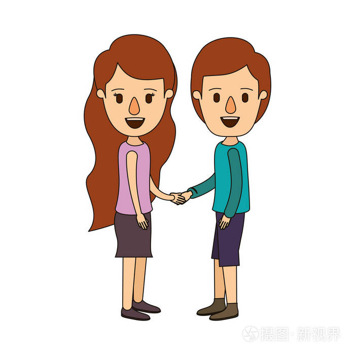 彩色图像漫画侧视图全身夫妇在休闲服装的握手