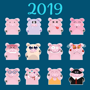 一套中国象征的2019年猪有不同的情绪。矢量隔离插图