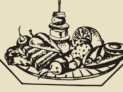 从甜点, 蔬菜, 水果, 鱼的一组食物的草图埃克特插图