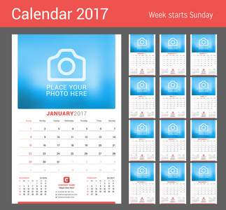 墙上2017年每月日历。 矢量设计打印模板