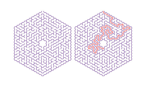 六角迷宫与解决方案。彩色六角迷宫。一个有用的益智游戏为儿童和成人