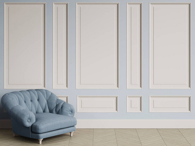 簇绒象牙色扶手椅在经典的内部与复制空间。白色墙壁与装饰。地板木地板的人字形。数字插图. 3 d 渲染