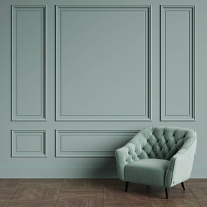 经典的扶手椅在经典的内部与复制空间。翡翠浅颜色的墙壁与装饰。地板镶木地板。数字插图. 3 d 渲染