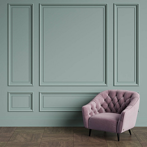 经典的扶手椅在经典的内部与复制空间。橄榄色墙壁与装饰。地板镶木地板。数字插图. 3 d 渲染