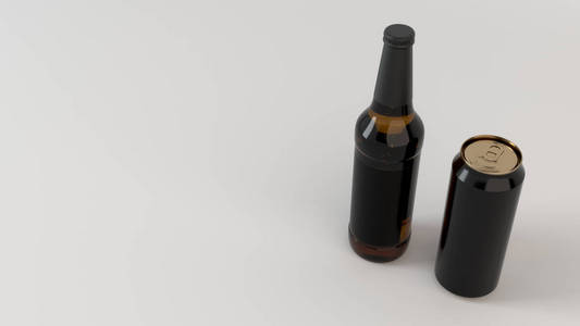 模拟棕色啤酒瓶0.5l 与空白黑色标签和黑铝罐头在白色背景。设计或品牌模板。3d 渲染插图