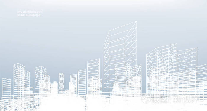 抽象线框城市背景.透视3d 渲染的建筑线框.矢量插图