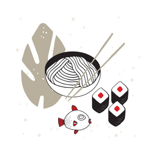 手画的面条碗和筷子寿司鱼亚洲美食