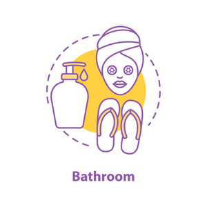 沐浴带配件概念图标。个人护理理念细线条插图。面膜, 拖鞋和液体肥皂。矢量隔离轮廓图