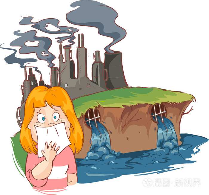 设有一个女人在一个污染工厂覆盖他的插图
