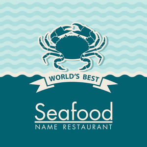 海鲜菜单设计与蟹在蓝色背景下的餐厅