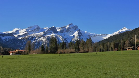 雪覆盖的山脉和绿色的草地上图片