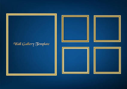 带金色边框的装饰框架图片集, 蓝色背景上的矢量设计与复制空间的溢价概念
