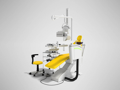 现代黄色扶手椅为牙医与白色床边桌与工具和背光为牙科工作3d 渲染灰色背景与阴影