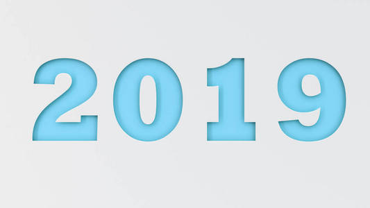 蓝色2019数字在白皮书中被削减。2019新年标志。3d 渲染插图