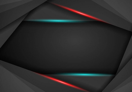 黑色背景重叠尺寸红色和蓝色框架布局矢量图。留言板为文本和设计现代网站。抽象金属黑色框架布局现代技术设计模板