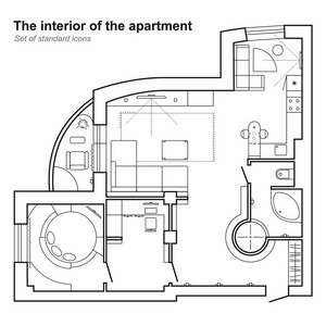 在顶视图中房子的建筑平面图。与家具的平面图。室内设计图标的布局。矢量