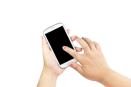 手拿着大触摸屏智能手机屏幕的剪切路径带有白色背景上孤立