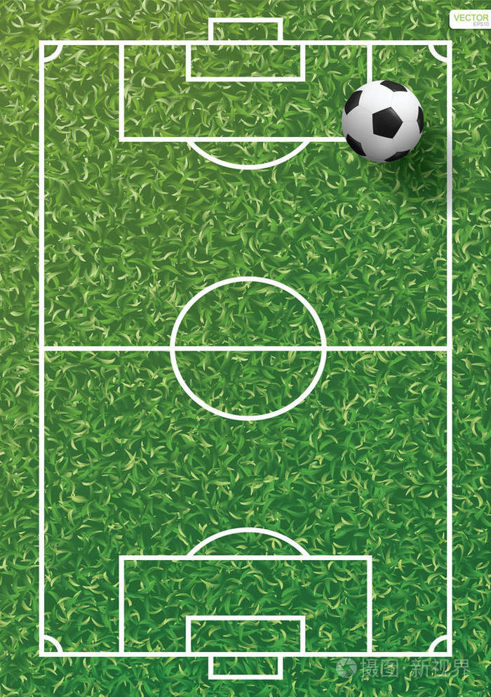 足球足球场上的绿草地上有线条图案和草纹理背景。矢量插图