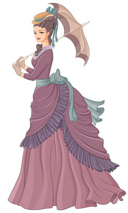 古色古香的穿着华丽的女人用的伞。维多利亚时代的风格时尚 vect
