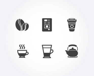 一套咖啡豆, 外卖咖啡和 Doppio 图标。双拿铁, 茶壶招牌。全豆, 热拿铁饮料, 茶杯。茶壶。质量设计要素。经典风格。向量