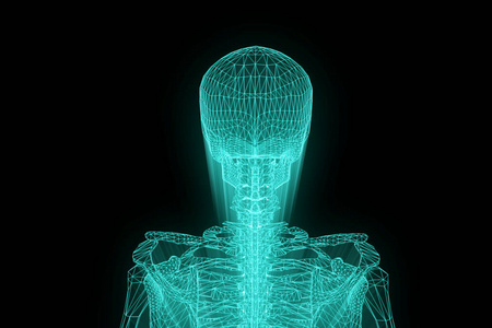 人类的骨架线框中运动全息图。漂亮的 3d 渲染