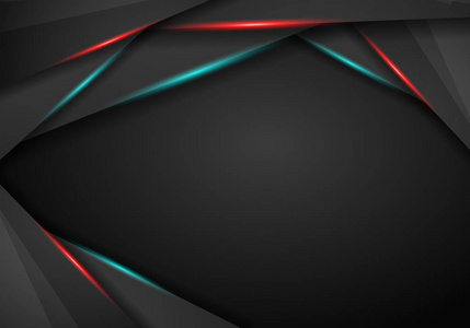抽象金属黑色在红色和蓝色框架设计创新概念布局背景。矢量插图。技术背景与金属横幅。深色抽象背景