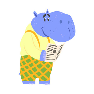 乐趣报纸可爱的卡通河马读报纸.非洲动物彩色特征矢量图照片