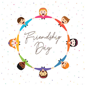快乐的友谊日贺卡插图不同的儿童团体的手从顶部视角。朋友爱的概念为特别事件庆祝。Eps10 矢量