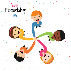 快乐友谊日贺卡插图不同的儿童组手从顶部视角。Eps10 矢量