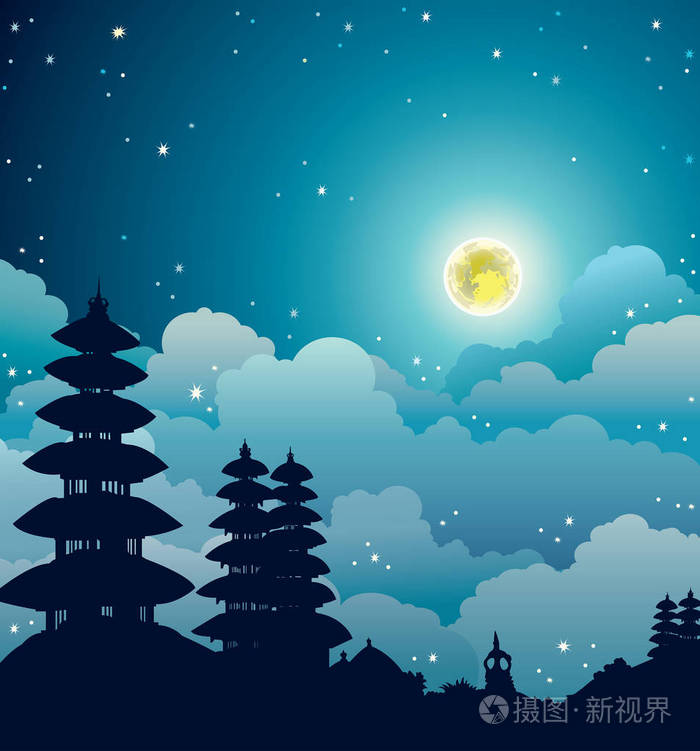 夜景,满月和巴厘岛寺庙