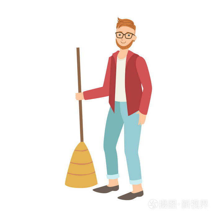 男子用扫帚扫地,成人卡通清洁和整理