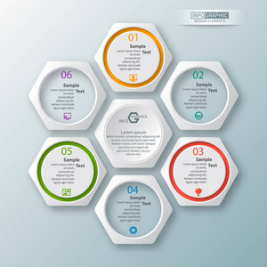 矢量抽象 3d 纸信息图表元素。六角形图表。蜂窝状设计