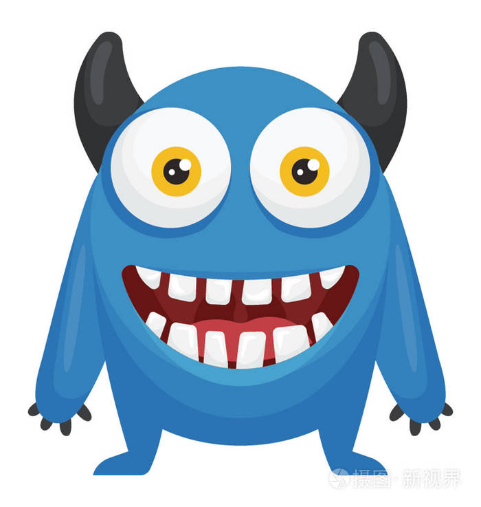 蓝色的凸起的眼睛字符有恶魔面孔描绘蓝色恶魔妖怪