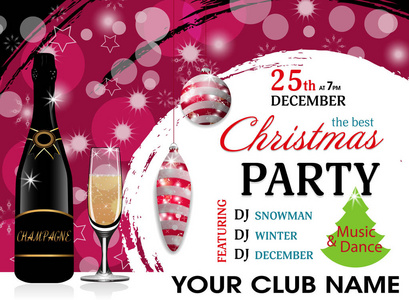 圣诞晚会请柬模板与香槟瓶和酒杯, 红色华而不实。新年背景。矢量插图
