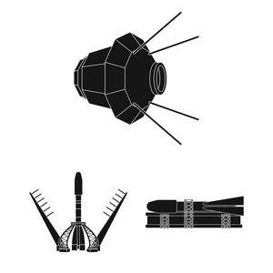 空间技术黑色图标集合中的设计。航天器和设备矢量符号股票 web 插图