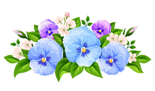 蓝色和紫色的三色堇花。矢量图