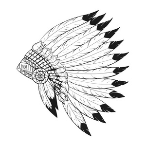 美洲土著战争帽的矢量单色插图。